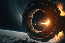 Spaceship Trying To Escape From Blackhole. Movie Scenery. Movie Concept. Illustration. Generative AI
