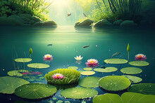 With Sunlight, An Underwater Ecology, Water Lilies, And An Underwater Landscape With A Freshwater Pond. Generative AI