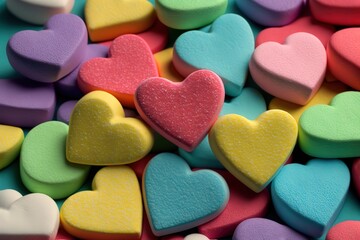 Background of brightly colored candy hearts for Valentine's Day