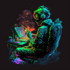 Wall Mural - Neon gamer sitting at a desk playing video games.