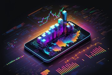 Application of Smartphone with business graph and analytics data on isometric mobile phone. Analysis trends and software development coding process concept. Programming, testing cross platform code