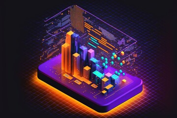 Application of Smartphone with business graph and analytics data on isometric mobile phone. Analysis trends and software development coding process concept. Programming, testing cross platform code