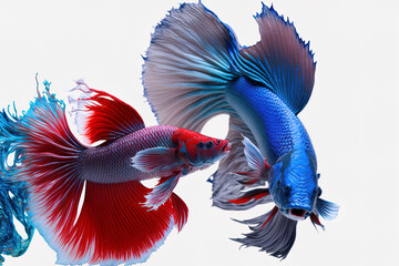 Wall Mural - Fighting fish in blue and red, isolated on a white backdrop. Generative AI