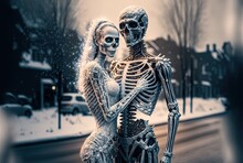 Illustration In Them Of Eternal Love Groom And Bride Skeletons Cuddle Romantic Scene With Urban Townscape In Winter Season, Cold Freezing Snow Fall As Background