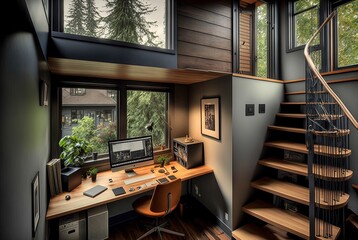 illustration of small house interior design, office area use double-duty furniture in limit space, contemporary design close to nature concept