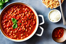 Red And White Cooked Beans In A Tomato Sauce, Tasty Baked Beans With A Closeup View