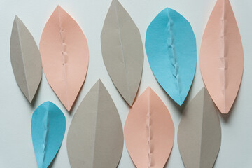 Canvas Print - set of pink, gray, and blue paper shapes or leaves/petals on blank paper