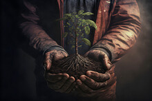A Gardener's Hands Covered In Dirt, Cradles A Tree Sapling Growing In Soil, Symbolizing The Care, Nurture, Or A Farmer Or Gardner Holds Soil With A Young Plant Growing Within,Cultivating Or Nurturing 