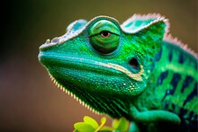 Close-up Face Of A Green Chameleon. 