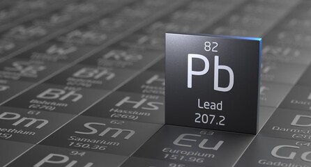 Lead element periodic table, metal mining 3d illustration