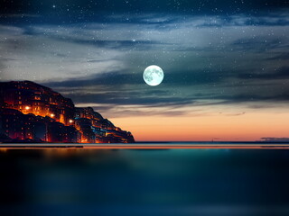 Wall Mural - night sea water blurred city light,blue water wave reflection starry sky and moon in italy port harb