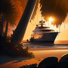 Wall Mural - Sunrise yacht near palm trees beach, generative ai