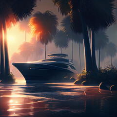 Wall Mural - Sunrise yacht near palm trees beach, generative ai