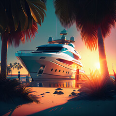 Wall Mural - Sunrise yacht near palm trees beach, generative ai