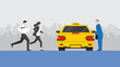 Hurry office people run to grab taxi and miss catching up with a businessman. Rush hour, Urgent, Busy, Hectic, Daily haste, the fast pace of life, the hustle and bustle of an urban lifestyle concept. 