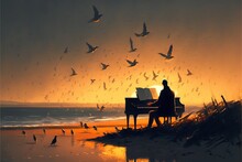 A Man Plays The Piano On The Beach At Sunset, Among A Flock Of Birds