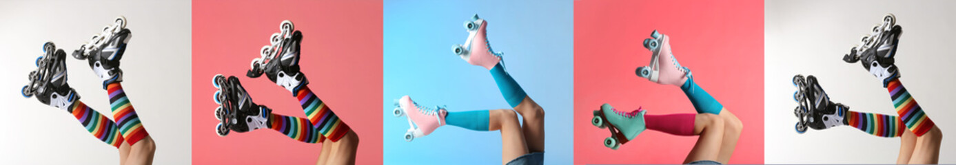 Sticker - Photos of women with roller skates on different color backgrounds, closeup. Collage banner design