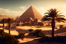 Ancient Egypt, Pyramids, Palm Trees, Golden City, Oasis In The Desert
