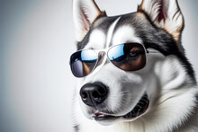 A Portrait Of A Siberian Husky Dog Wearing Sunglasses, Isolated On A White Background