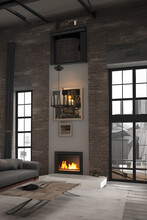 Dark Living Room Loft With Fireplace, Industrial Style , Hyper Realistic, Intricate Detail 4k Render Generative Ai