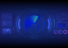 High Tech Abstract Virtual Screen. The Radar Scan Screen In The Center, The Blue And Red Scales. Energy With A Number Circle There Is A World Map Display. On A Gradient Background