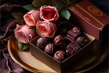 Valentine Chocolate And Red Rose Gift For Love. Candy Sweet. 1