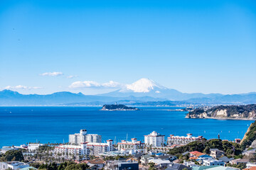 Poster - 神奈川県逗子市披露山からの湘南江ノ島と富士山