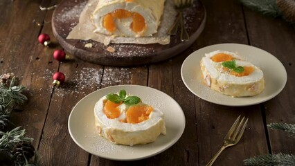 Sticker - Meringue roll cake with cream and tangerine. Summer dessert served in ceramic plate.