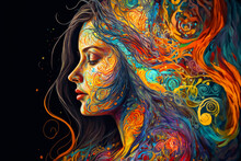 Woman Surrounded By Swirls Of Color. Generative AI	