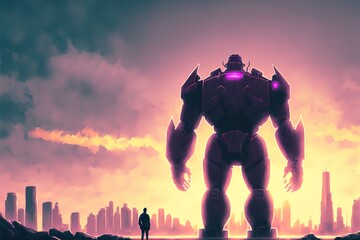 Poster - a man looks at a giant robot