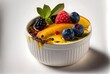 Elegant Crème Brûlée with a classic custard base and a colorful fruit topping