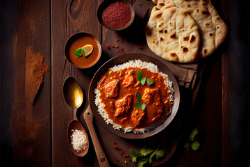 Chicken tikka masala spicy curry meat vegetable rice delicious food