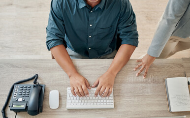 Wall Mural - Business people, hands and keyboard with desk and typing report for business contract, report and proposal. Writing, telephone and office with corporate employee, copywriting or journalist working.