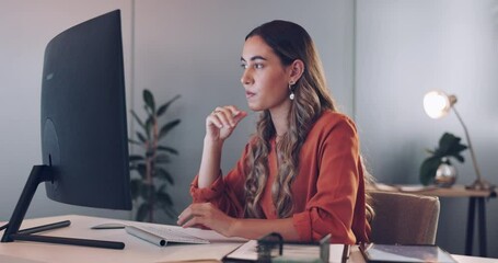 Aufkleber - Business woman, thinking and focus with computer and working, reading and research for company proposal, typing and writing report. Corporate employee, keyboard and computer screen in office.