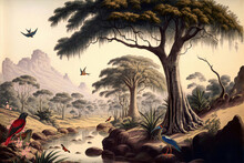 Jungle Wallpaper, Tropical Forests With Valleys, Colorful Birds And Butterflies In A Vintage Landscape Drawing