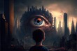Big Brother Is Watching - Government mass surveillance of citizens as depicted with an eyeball in a grim city created by Generative AI