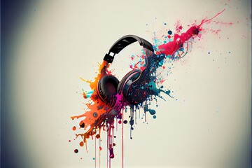 Wall Mural - Headphones exploding with color - generative AI image of generic unbranded headphones bursting with an explosion of colors. The full color spectrum represented for LGBTQIA and Austism inclusion