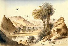 Wallpaper Of A Desert Oasis With Valleys, Desert Birds And Butterflies In A Landscape, Vintage Drawing