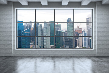 Empty room Interior Skyscrapers View. Downtown Singapore City Skyline Buildings from High Rise Window. Beautiful Expensive Real Estate overlooking. Day time. 3d rendering.