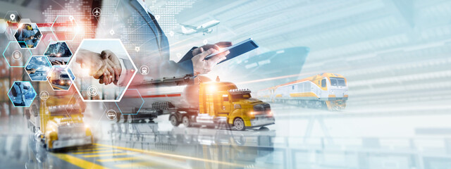 Poster - Transportation and logistic network distribution growth. Container cargo ship and trucks of industrial freight for shipping.  Business logistic import export and transport industry. Global business.