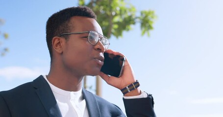 Canvas Print - Business, black man or phone call for communication, connection or outdoor. Ceo, male entrepreneur or leader with smartphone for talking, corporate deal or startup company growth, sales or leadership