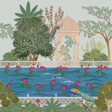 Mughal Garden, Lake, Peacock, Water Lily, Temple Vector Illustration Pattern