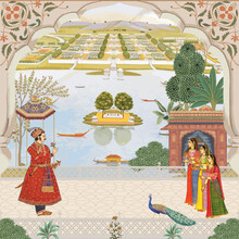 Mughal King Welcoming By Woman. Peacock, Arch Pattern Illustration
