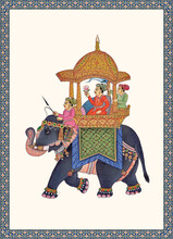 Traditional Mughal Emperor Riding Elephant Caravan Vector Illustration Frame Pattern For Wallpaper