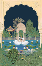 Traditional Mughal Garden, Lake, Swan, Peacock, Lotus, Water Lily Vector Pattern Illustration