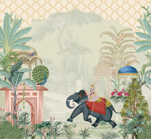 Traditional Mughal King, Mahout Riding Elephant In A Garden Illustration Vector Pattern For Wallpaper
