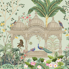 traditional mughal garden, peacock, arch, temple, lotus, bird vector illustration seamless pattern f