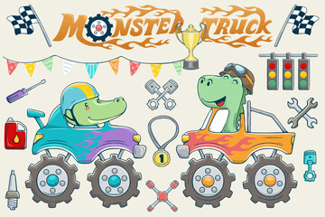 Sticker - Vector illustration of hand drawn monster truck cartoon with funny dinosaurs driver, car racing elements illustration