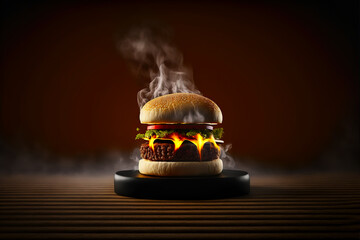 Juicy dripping burger with smoke and fire in the background