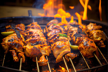 Grilling Chicken meat shashlik on metal skewers